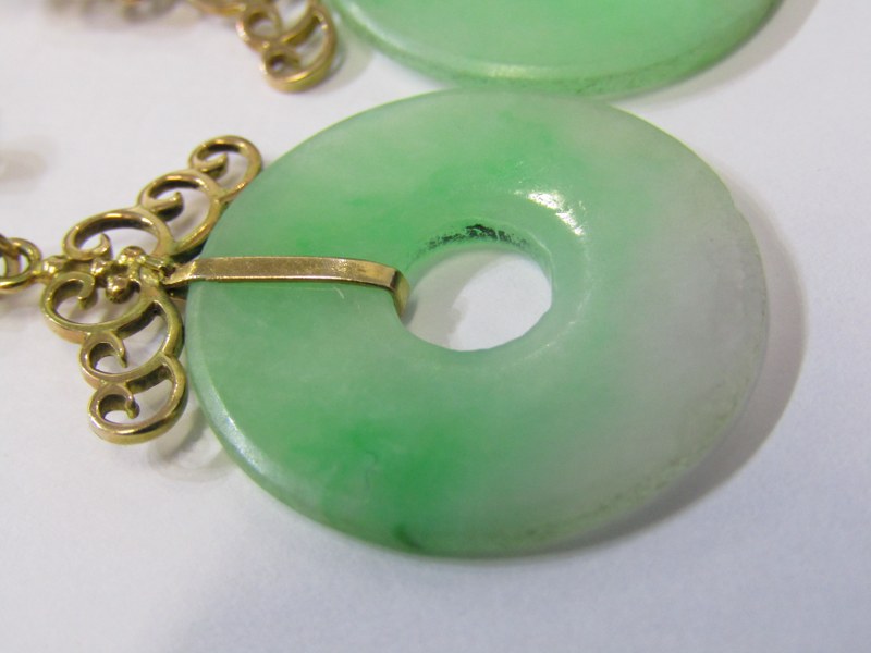 JADE & GOLD EARRINGS, pair of Chinese circular jade drop earrings, 18ct yellow gold mounts, approx - Image 5 of 9