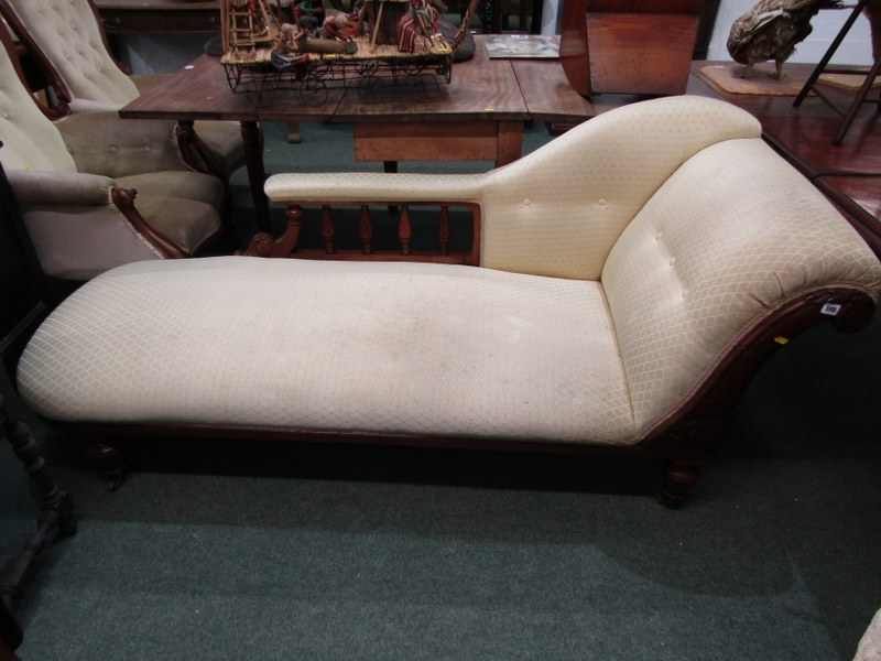 LATE VICTORIAN CHAISE LOUNGE, with mahogany frame, rolled back and upholstered seat, 188cm width