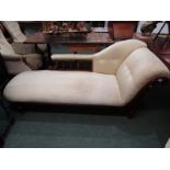 LATE VICTORIAN CHAISE LOUNGE, with mahogany frame, rolled back and upholstered seat, 188cm width