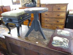PIANO STOOL, 19th Century piano stool with needlework top and ebonised frame, also a revolving top