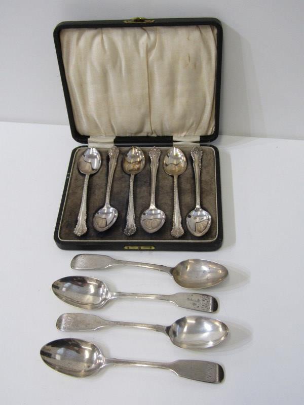 SET OF 6 SILVER TEA SPOONS in fitted case, maker HW of Sheffield, together with 4 assorted silver