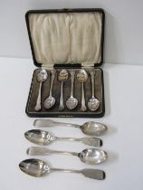 SET OF 6 SILVER TEA SPOONS in fitted case, maker HW of Sheffield, together with 4 assorted silver