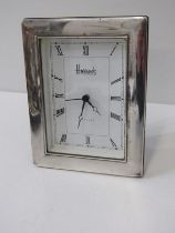 HARRODS SILVER CASED CLOCK, rectangular form silver framed desk clock, 17cm height, makers RC,