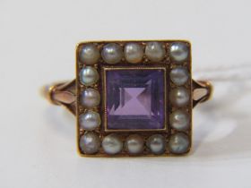 VINTAGE 15ct YELLOW GOLD AMETHYST & PEARL DRESS RING, principal square cut amethyst surrounded by 16