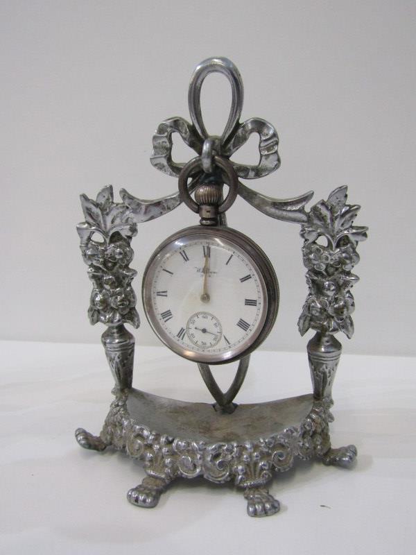 WATCH GARNITURE SET, silver plated pocket watch stand with foliate engraved decoration together with - Image 2 of 7