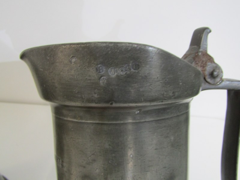 ANTIQUE FRENCH PEWTER MEASURING JUGS, lidded 2 litre measuring jug stamped "T Boulanget", 27cm - Image 6 of 6