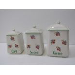 FRENCH STORAGE JARS, graduated set of 3 floral decorated lidded storage jars; Cafe, Sucre, Farine