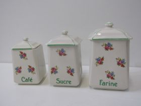 FRENCH STORAGE JARS, graduated set of 3 floral decorated lidded storage jars; Cafe, Sucre, Farine