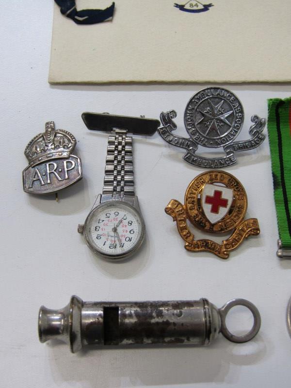 MILITARIA, WWII Defence medal, ARP badge and whistle, British Red Cross and St John Ambulance badge, - Image 2 of 5