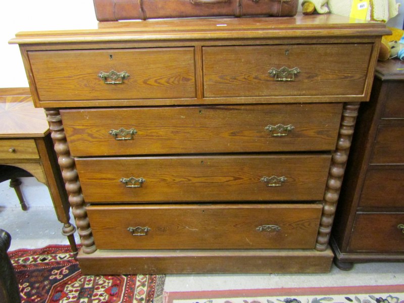 ANTIQUE PINE STRAIGHT FRONT CHEST WITH COLUMN SUPPORT, fitted 2 short and 3 long drawers, 122cm