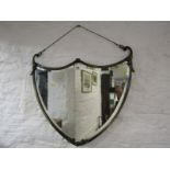 SHIELD SHAPE MIRROR, brass framed shield shaped, bevel edged mirror, 70cm width