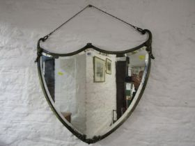 SHIELD SHAPE MIRROR, brass framed shield shaped, bevel edged mirror, 70cm width
