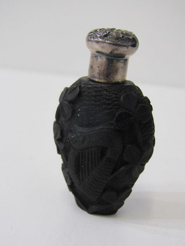 VICTORIAN IRISH SCENT BOTTLE, a carved bog oak scent bottle decorated a harp and shamrocks in relief - Image 2 of 7