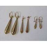 GOLD EARRINGS, 3 pairs of 9ct gold drop earrings the largest with a 4cm drop 8.4 grams