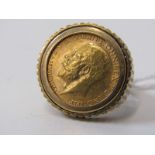 HALF SOVEREIGN RING, 1913 George V gold half sovereign set in a 9ct gold mount size T/U 11.2grams