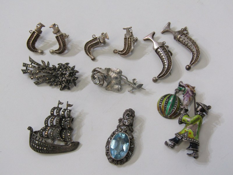 SILVER MARCASITE BROOCHES, collection of silver brooches, including marcasite galleon style