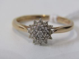 DIAMOND CLUSTER RING, 18ct yellow gold ring, set graduated cluster of diamonds, size P