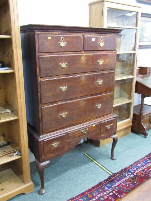 18th CENTURY CHEST ON STAND, walnut chest, fitted 2 short and 3 long drawers, base fitted 3