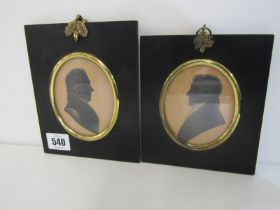 PAIR OF 19th CENTURY SILHOUETTES, portraits of gentlemen, in oval frame on ebonised panel, with