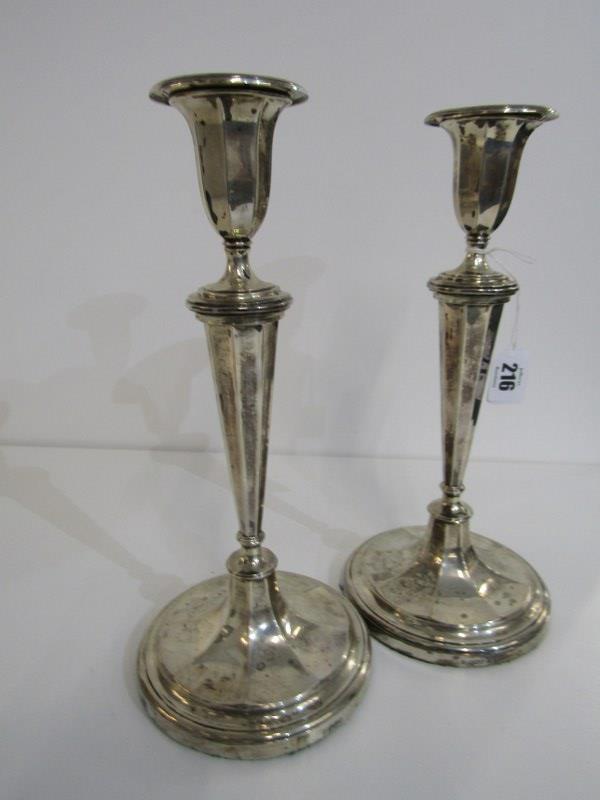 SILVER CANDLESTICKS, pair of silver candlesticks of octagonal tapering form on circular bases by - Image 2 of 4