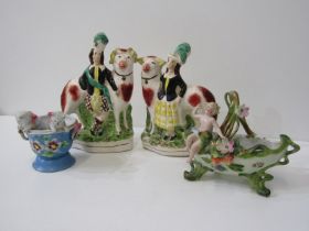 STAFFORDSHIRE, pair of figures children with sheep and ram also a Continental floral decorated posy