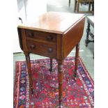 19th CENTURY MAHOGANY WORK TABLE, drop leaf table fitted 2 drawers, on turned supports and castor