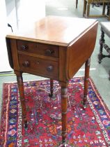 19th CENTURY MAHOGANY WORK TABLE, drop leaf table fitted 2 drawers, on turned supports and castor