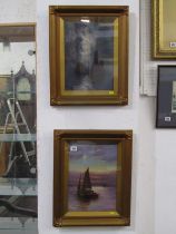 S COWGILL, oil on canvas, pair of marine paintings "Sailing Vessels at dusk", both signed and