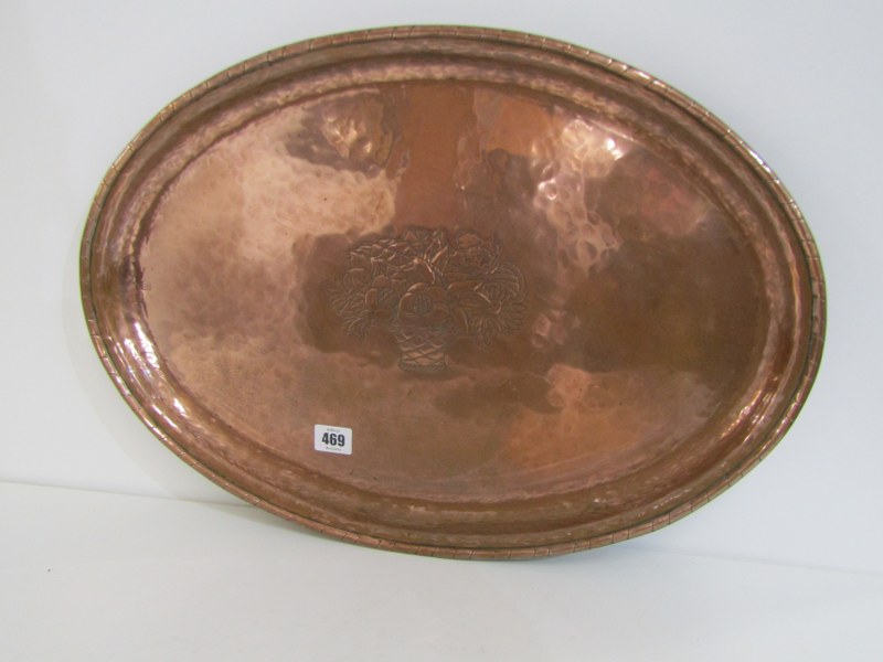ARTS & CRAFTS COPPER TRAY, marked "HW" (Hugh Wallace), the oval tray decorated a floral basket to - Image 2 of 10
