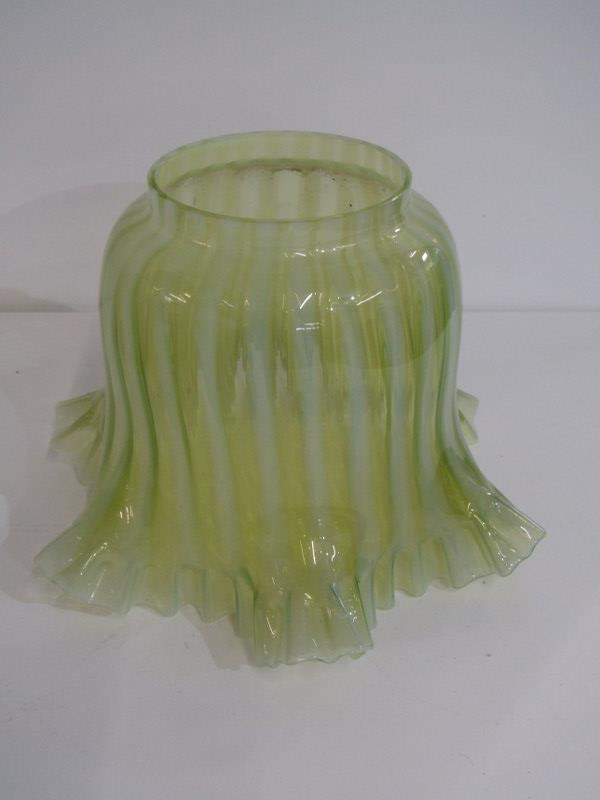 LAMP SHADES, yellow vaseline glass oil lamp shade, also an etched glass lamp shade and ornate cast - Image 2 of 4