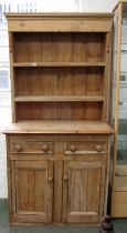 STRIPPED PINE DRESSER, with 2 open shelves above, 2 drawers with cupboard base below, 96cm width,