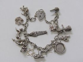 SILVER CHARM BRACELET, silver bracelet with padlock clasp with approx. 14 charms, 37.5 grams