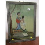 ORIENTAL ART, oriental reverse painted picture on glass of 2 Geishas in hardwood panel frame, 33cm x