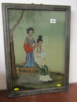 ORIENTAL ART, oriental reverse painted picture on glass of 2 Geishas in hardwood panel frame, 33cm x
