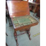 19TH CENTURY MAHOGANY VENEERED WORK TABLE, with satinwood and ebony stringing, the rising top