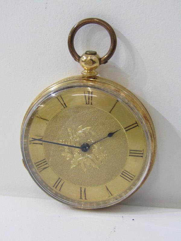 18ct YELLOW GOLD CASED LADY'S FOB WATCH, metal dust cover, 31.3 grams inc. movement and glass