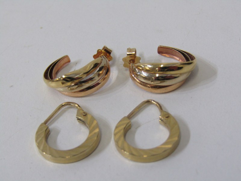 GOLD HOOP EARRINGS, 2 pairs of gold hoop earrings, 1 multi coloured and 1 tests as 9ct gold, other