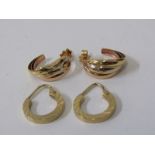 GOLD HOOP EARRINGS, 2 pairs of gold hoop earrings, 1 multi coloured and 1 tests as 9ct gold, other