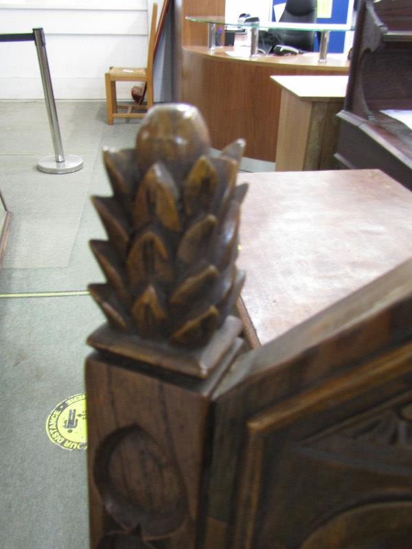 OAK GOTHIC STYLE CHAIR, with panel back and seat and pine cone finials - Image 2 of 4