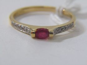 RUBY & DIAMOND RING, 18ct yellow gold ring set an oval ruby, with diamonds to the shoulders, size M