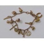 GOLD CHARM BRACELET, 9ct yellow gold bracelet set approx. 15 assorted charms, 14.8 grams