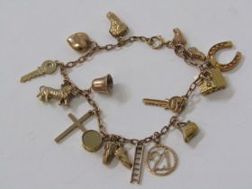 GOLD CHARM BRACELET, 9ct yellow gold bracelet set approx. 15 assorted charms, 14.8 grams