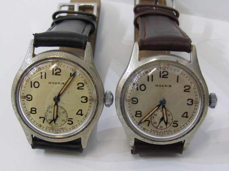 MILITARY WATCHES, 2 Moeris military watches on leather straps, Swiss made stainless steel cases, 1