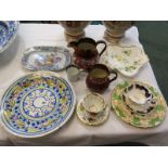 19th CENTURY PORCELAIN, 2 copper lustre jugs with floral banding, treen stand, 20th Century floral