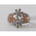 14ct WHITE & ROSE GOLD FLORAL DESIGN DIAMOND CLUSTER RING, size N/O