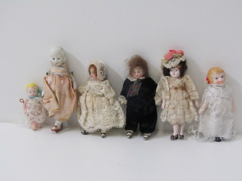 MINIATURE DOLLS, 6 assorted miniature dolls, some early including wax headed dolls, 5-8cms length