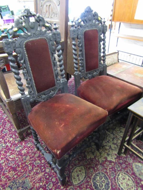 PAIR OF 19th CENTURY SIDE CHAIRS, pair of stained beech chairs with carved lion finials, on - Image 2 of 2