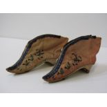 CHINESE SLIPPERS, the silk tops with needlework decoration of bird in flight in a floral setting,