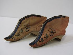 CHINESE SLIPPERS, the silk tops with needlework decoration of bird in flight in a floral setting,