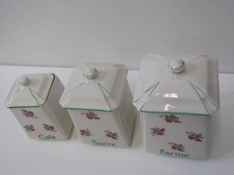 FRENCH STORAGE JARS, graduated set of 3 floral decorated lidded storage jars; Cafe, Sucre, Farine - Image 2 of 3